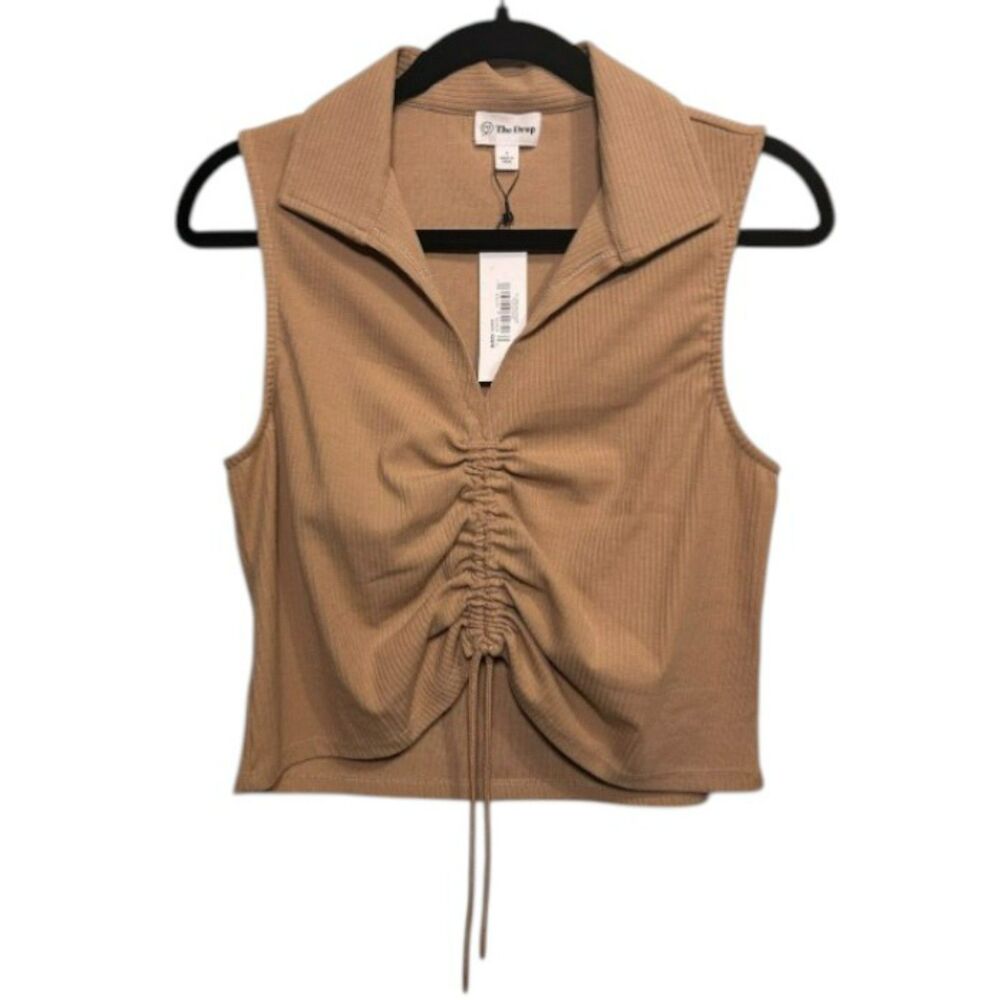 The Drop Ruched Front Sleeveless Collared Crop Top Rib Knit Neutral Beige